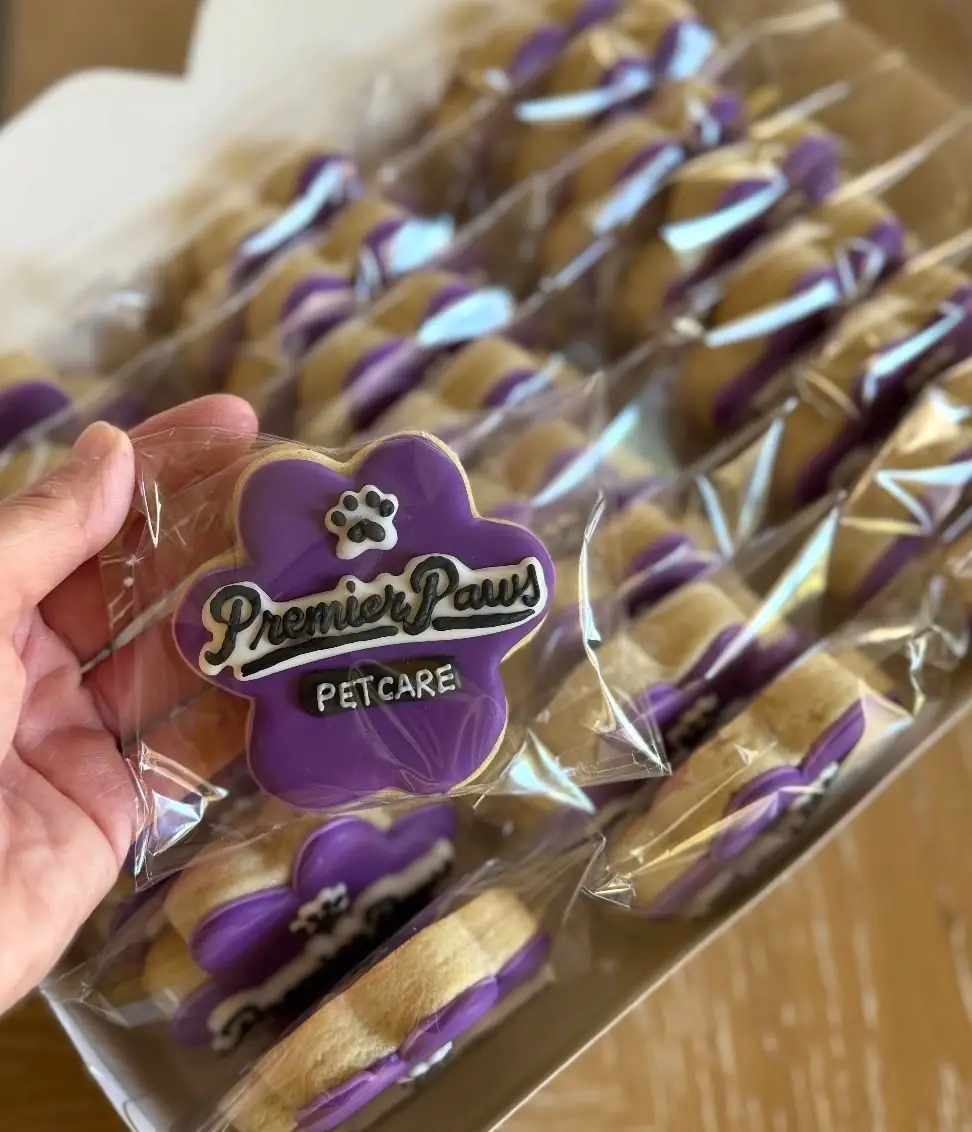 Hand holding a paw-shaped sugar cookie decorated with the Premier Paws logo above a tray of wrapped cookies
