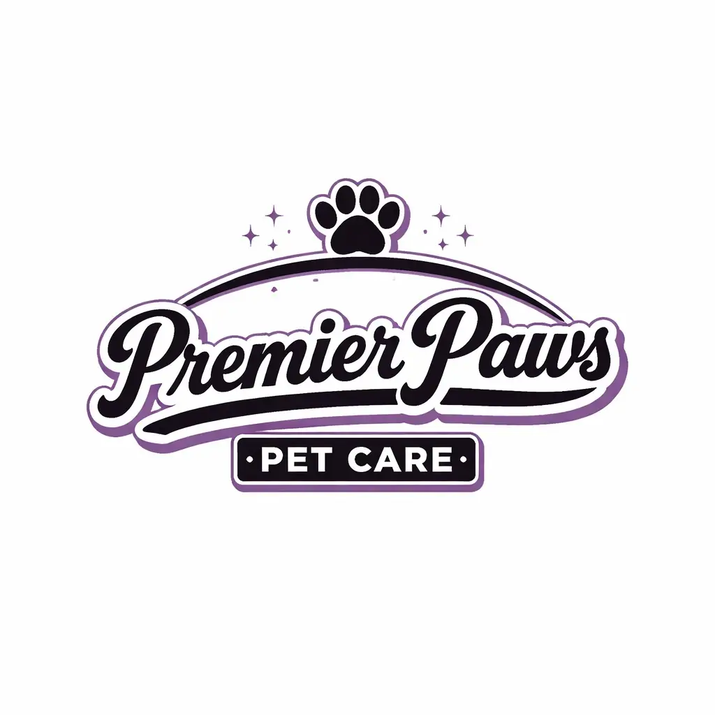 Premier Paws Pet Care logo: black retro script wordmark with a purple outline, topped by a paw print and sparkles